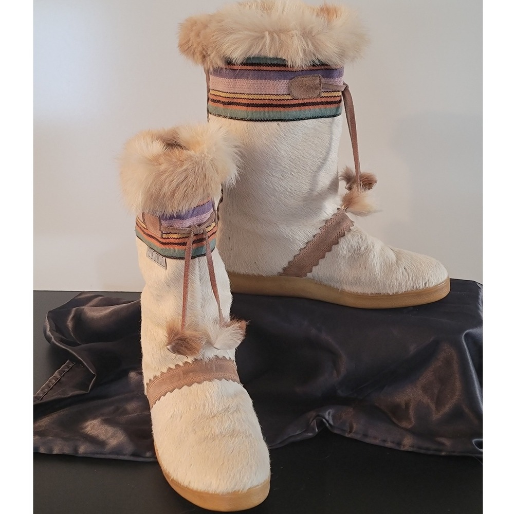 Tecnica Vintage Goat Hair Moon Boots Cream Fur Pom Pom Made in Italy Womens 38